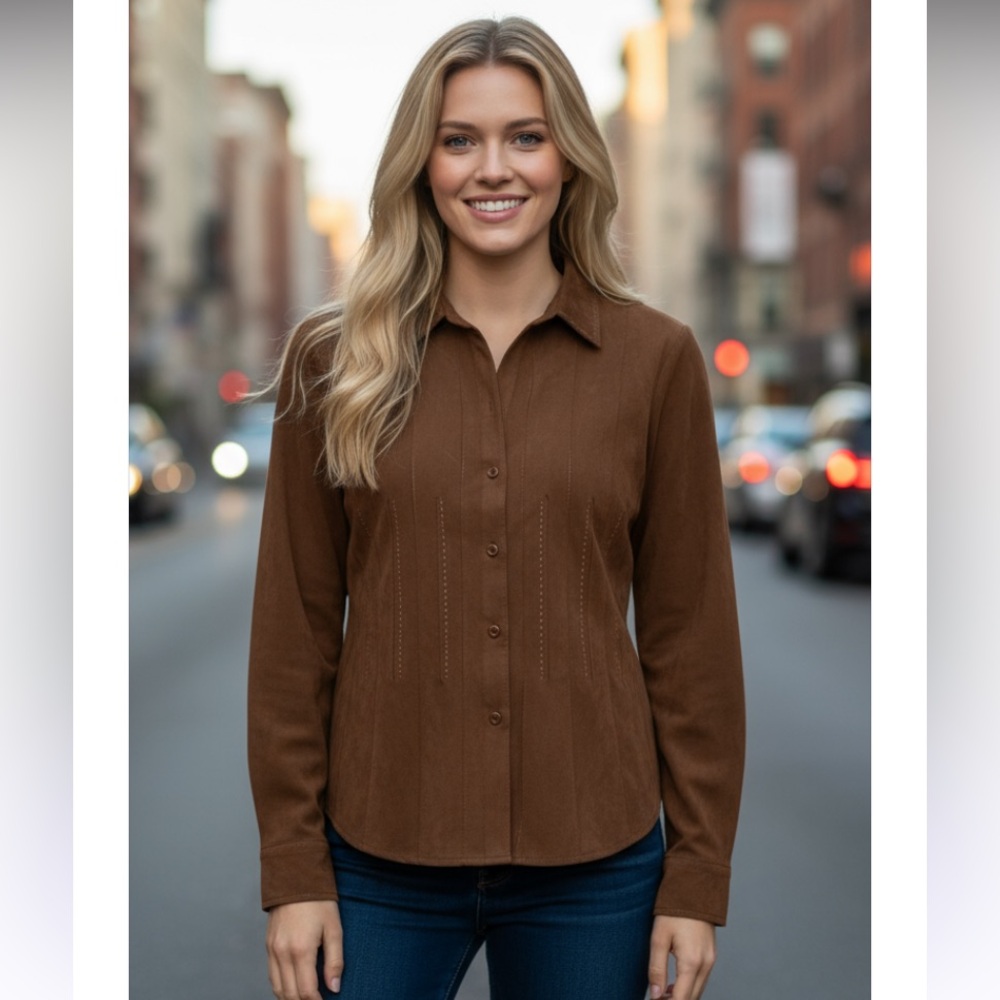 Lemon Grass Faux Suede Women's Button-Up Top size L